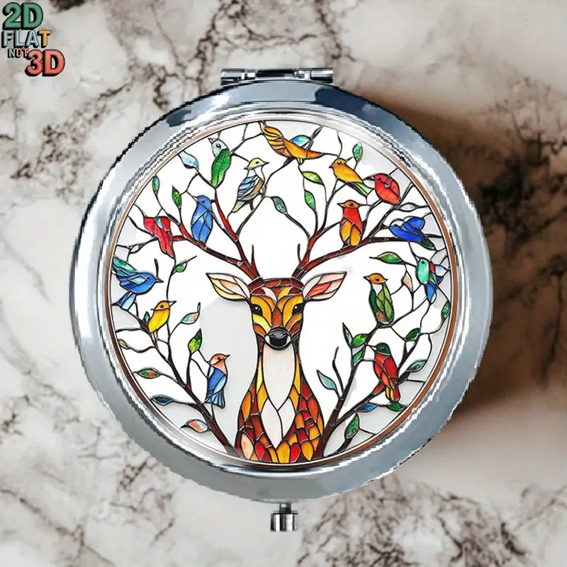 Mini Folding Mirror Featuring Deer & Birds Design