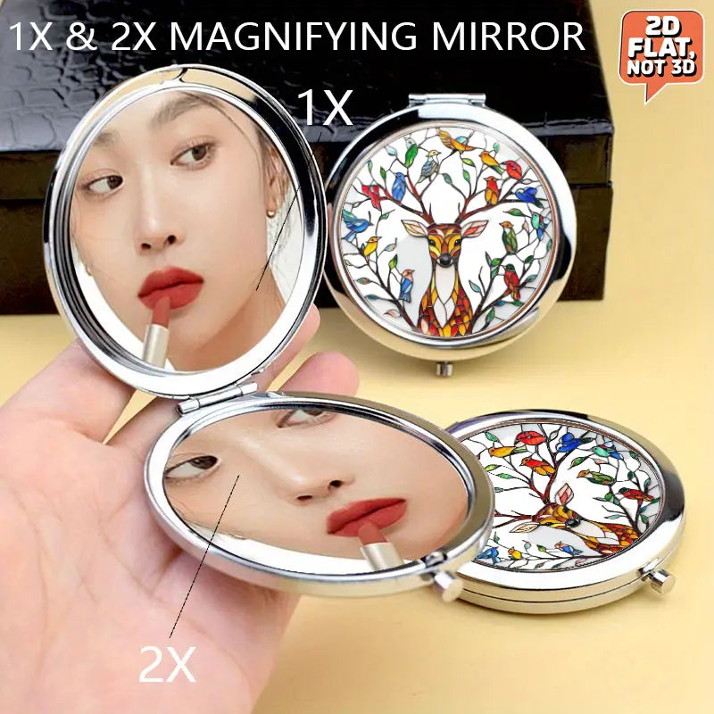 Mini Folding Mirror Featuring Deer & Birds Design