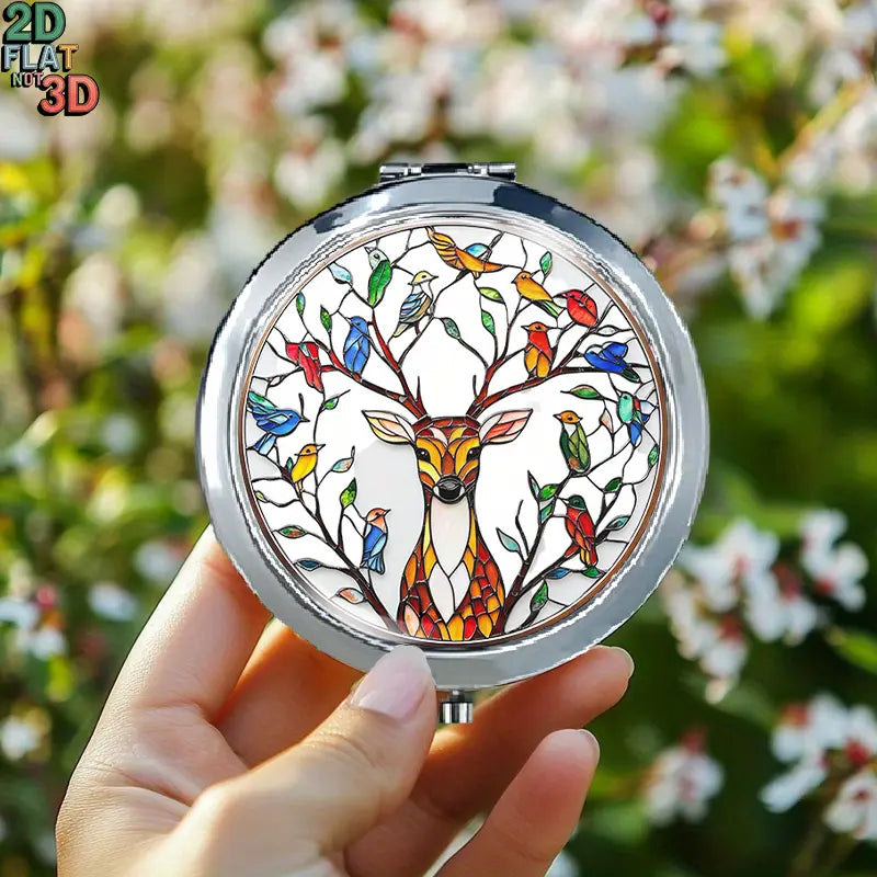 Mini Folding Mirror Featuring Deer & Birds Design