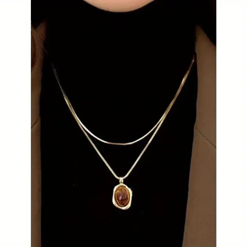 Double-Layer Stacked Milard Amber Tiger Eye Stone Necklace