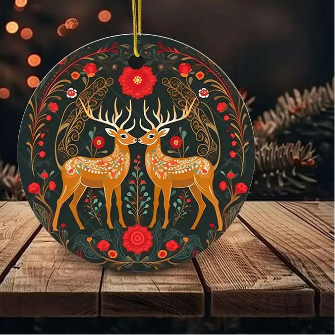 Scandinavian Deer Couple with Floral & Berry Holiday Ornaments