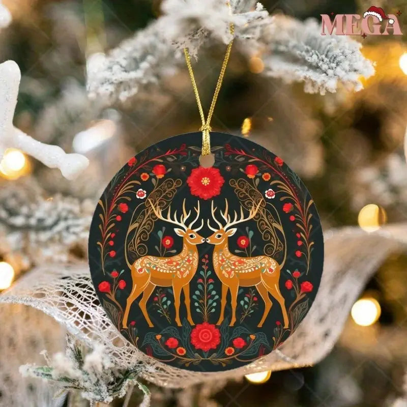 Scandinavian Deer Couple with Floral & Berry Holiday Ornaments