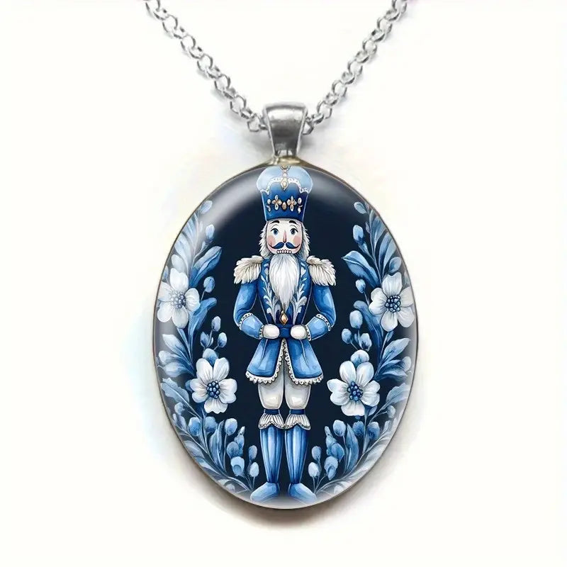 Nutcracker Pendant Necklace - Elegant Oval Zinc Alloy Jewelry with Intricate Floral Design