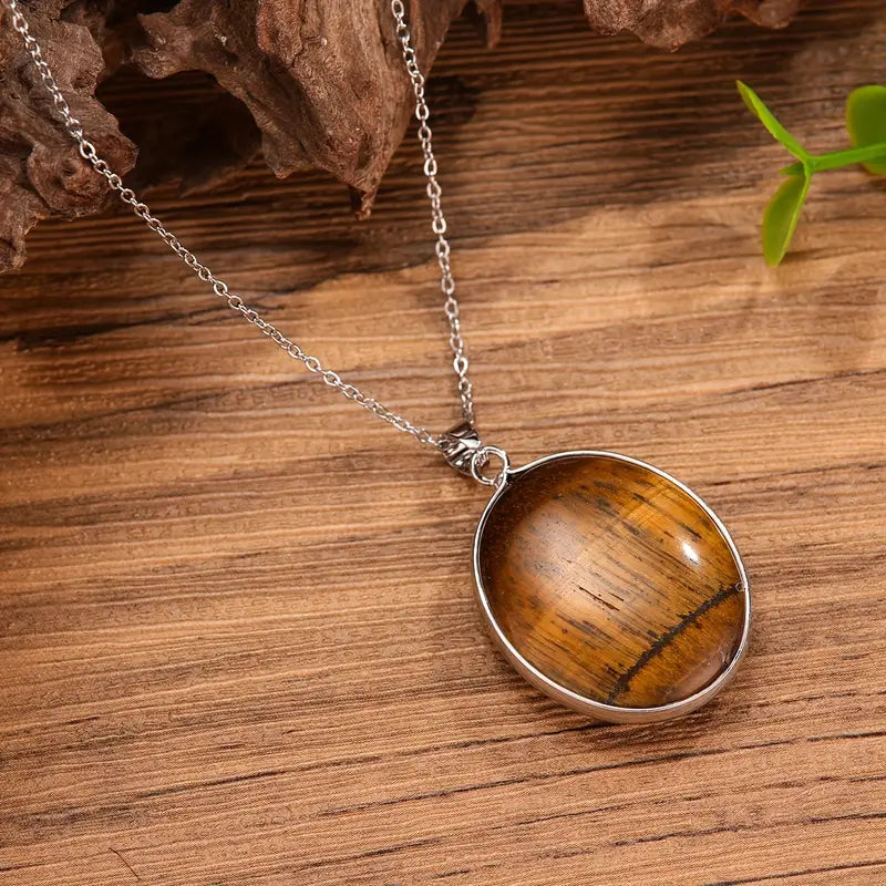Women's Necklace - Natural Tiger Eye Stone Pendant with Deep Brown & Amber-Tones
