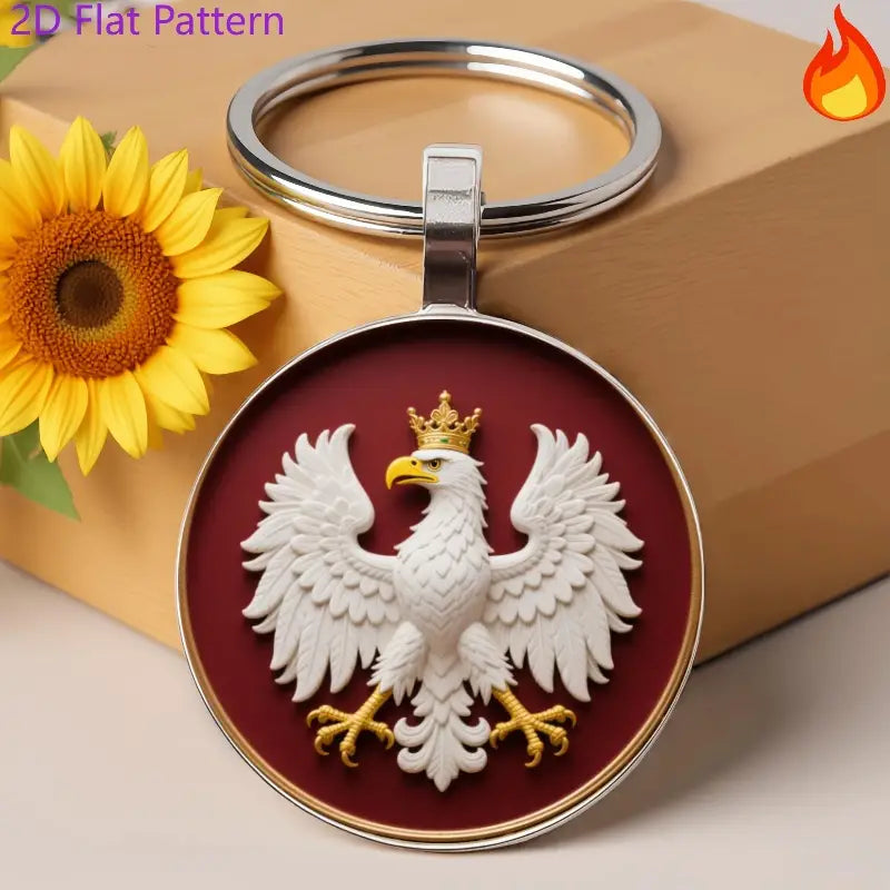 Polish Eagle Keychain - 2D Flat Zinc Alloy Eagle with Crown & Red Background