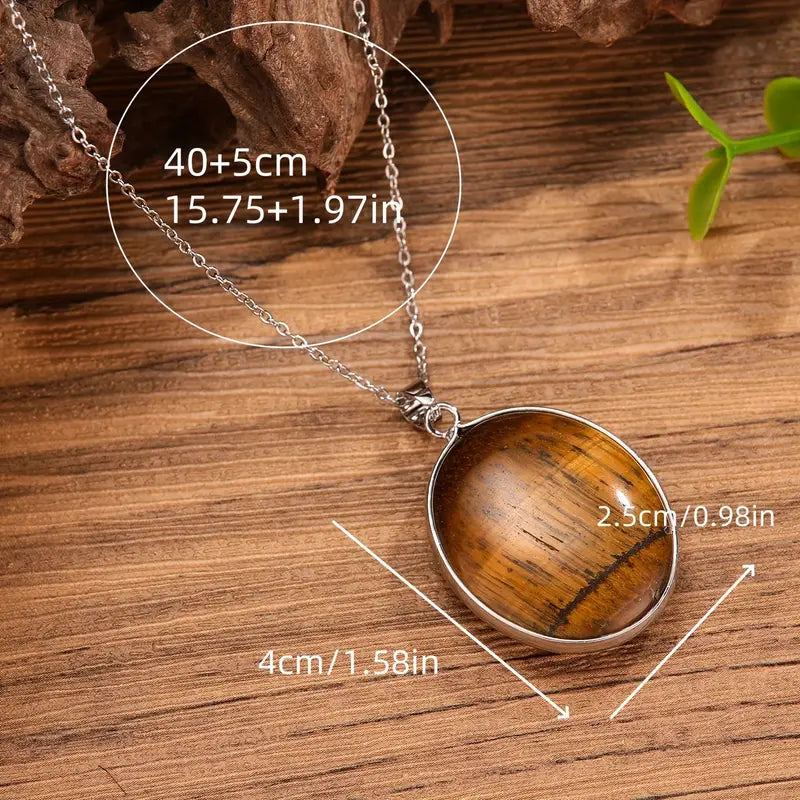 Women's Necklace - Natural Tiger Eye Stone Pendant with Deep Brown & Amber-Tones