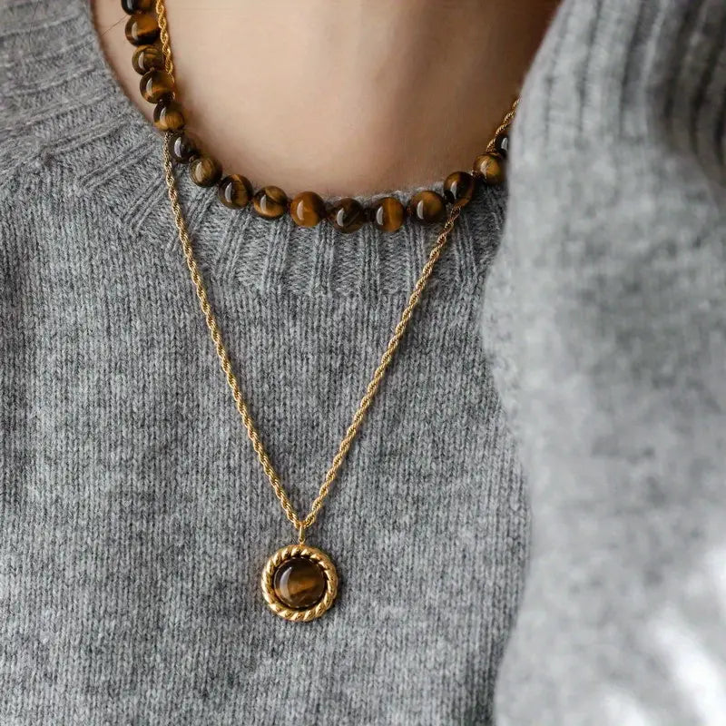 Vintage Amber Pendant Necklace - Golden-Tone Braided Chain with Black & Brown Beads