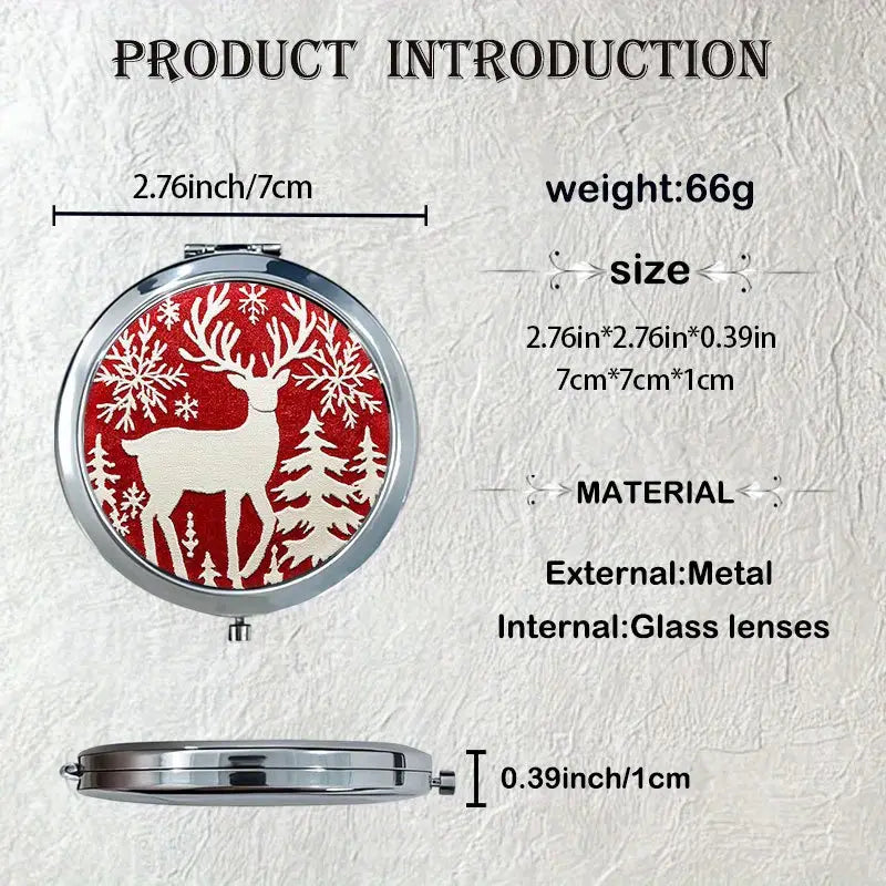 Scandinavian Christmas / Holiday Reindeer & Snowflake Design Handheld Folding Mirror