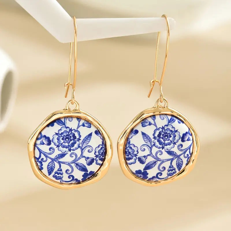 Women's Blue & White Flower Classic French Vintage Hanging Earrings