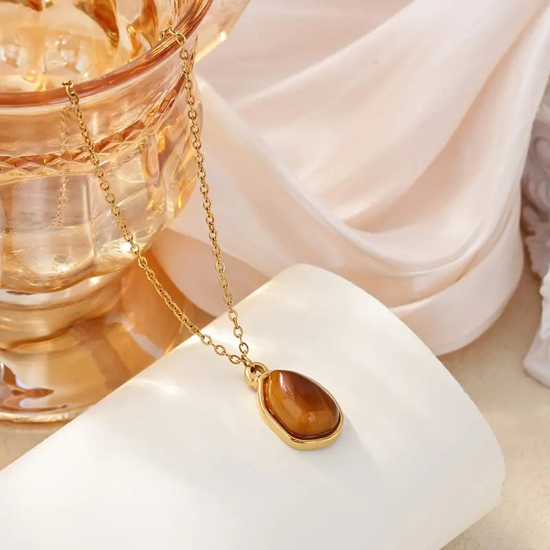 Natural Amber Stone Necklace - Genuine Amber Pendant with Brown/Orange-brown/Deep brown shades