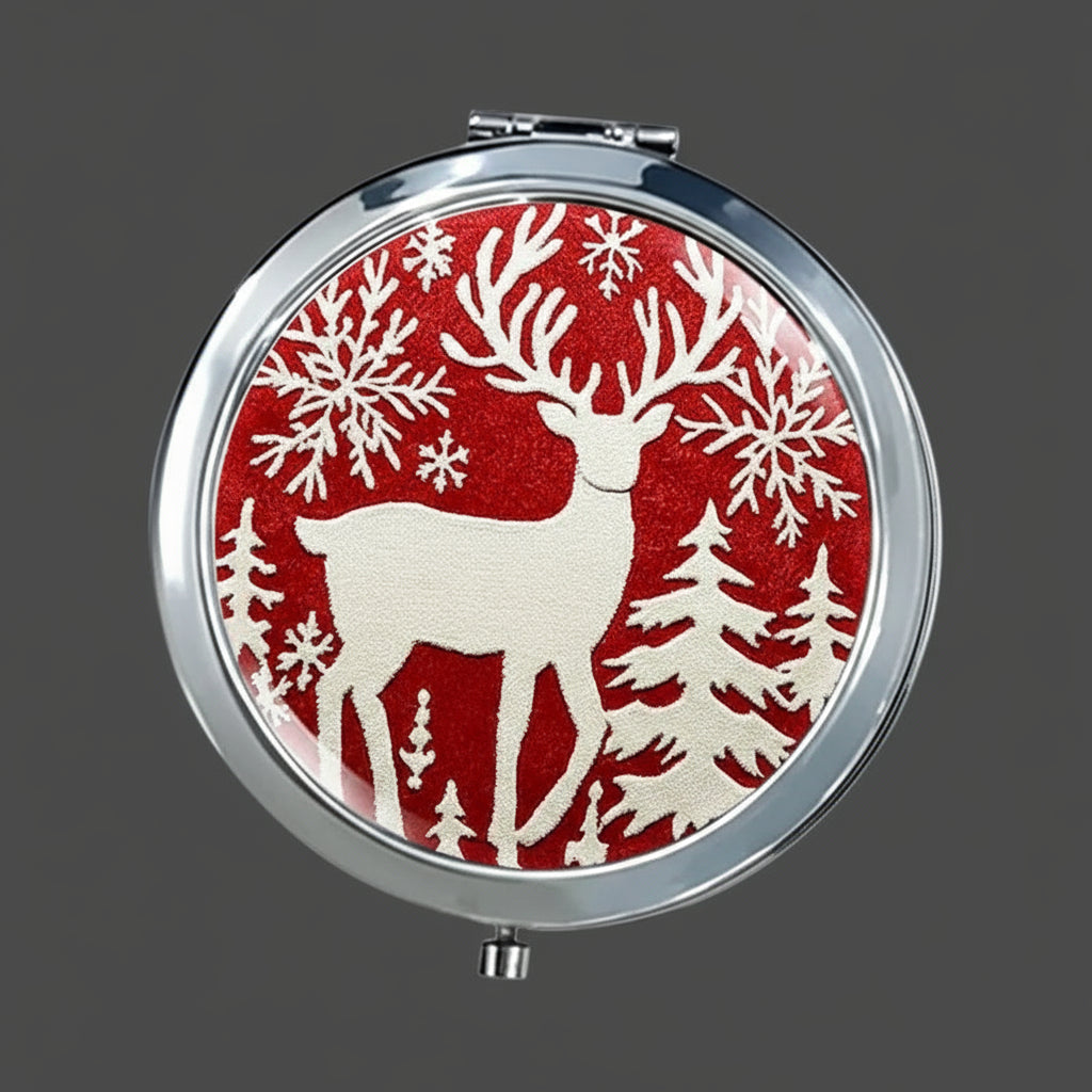 Scandinavian Christmas / Holiday Reindeer & Snowflake Design Handheld Folding Mirror