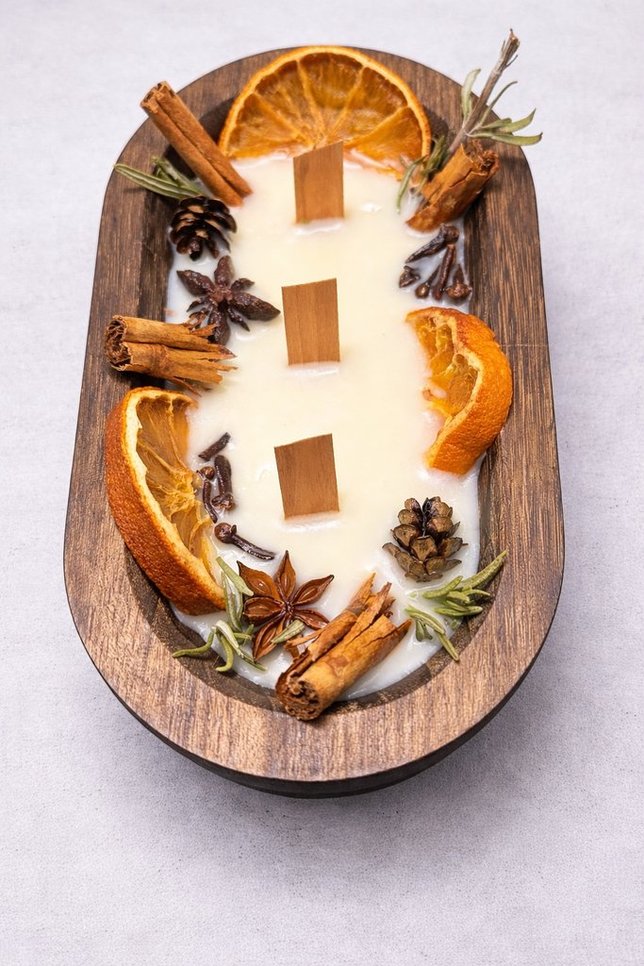 Handcrafted 3 Wooden Wick Dough Bowl Candle