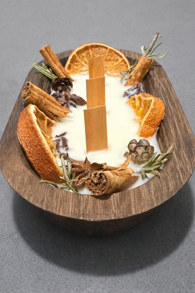 Handcrafted 3 Wooden Wick Dough Bowl Candle