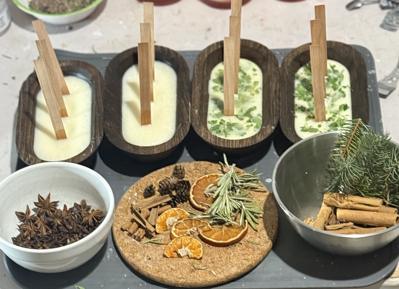 Handcrafted 3 Wooden Wick Herb (Rue/Ruta) Dough Bowl Candle