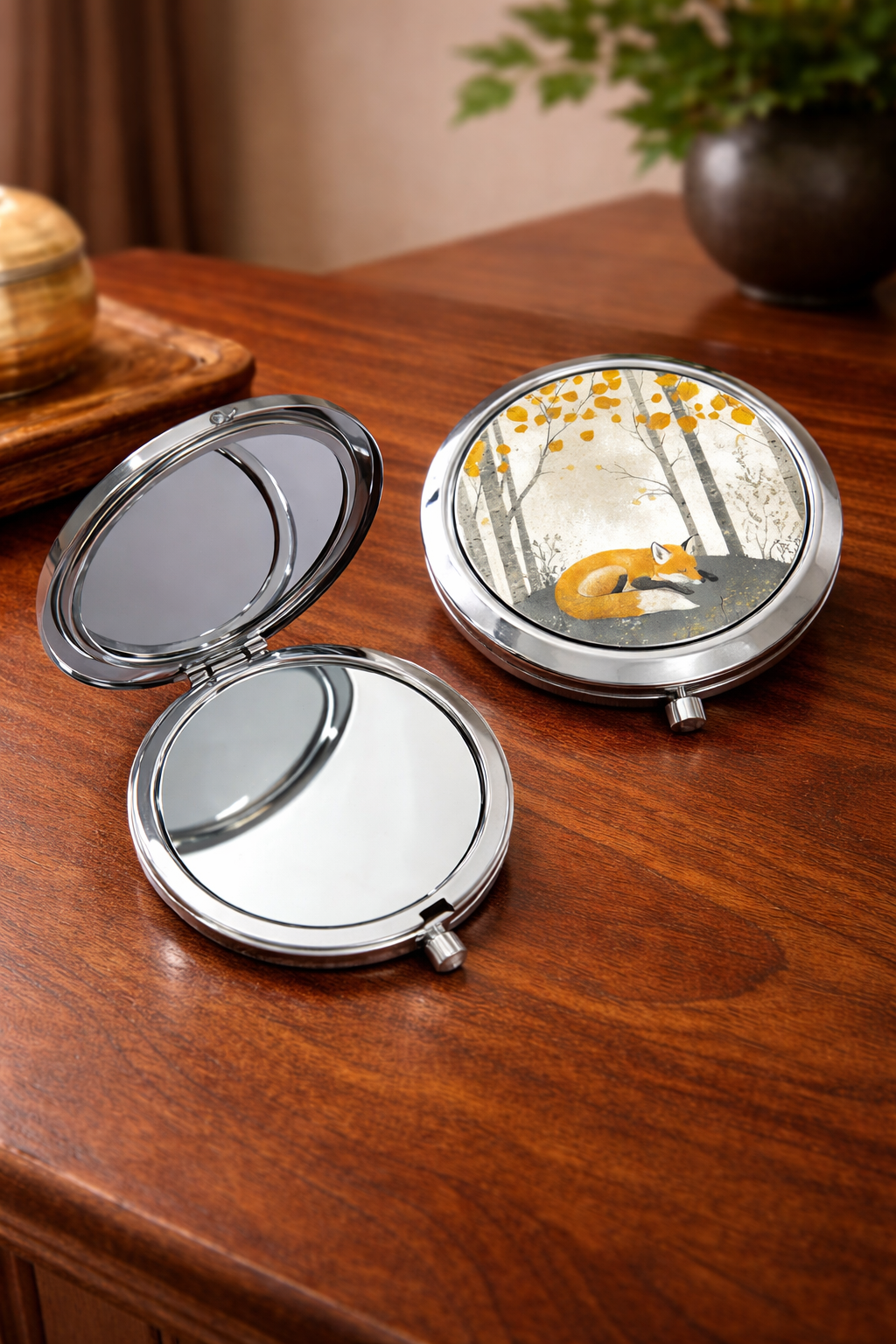 Scandinavian Fox & Birch Trees Handheld Mirror