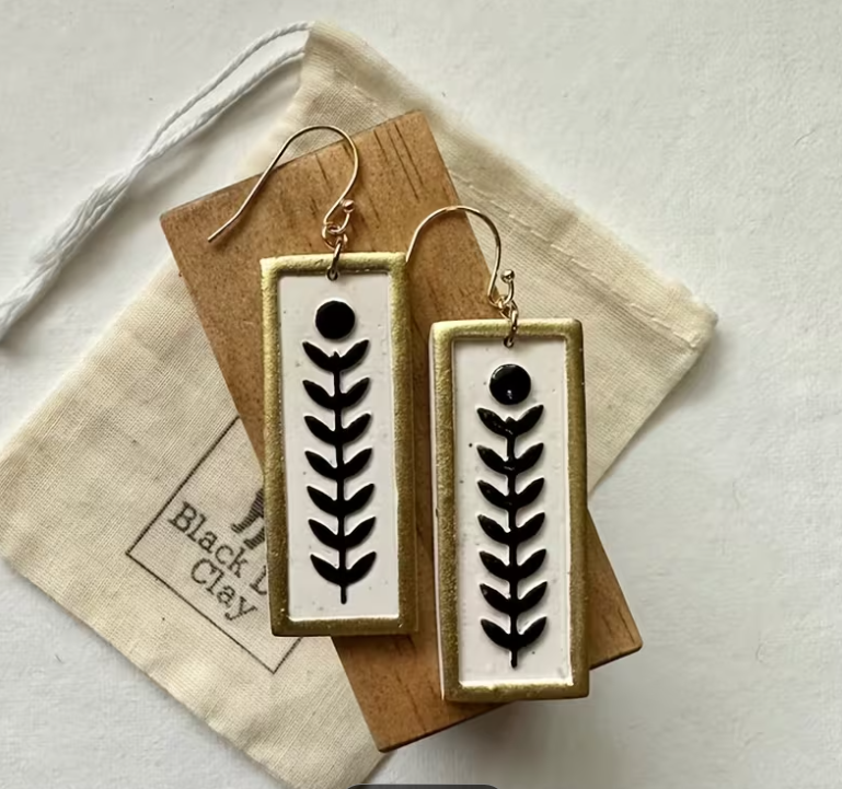 Women's White with Gold Border Rectangle Hanging Earrings w/ Leaf Herb Garden Design