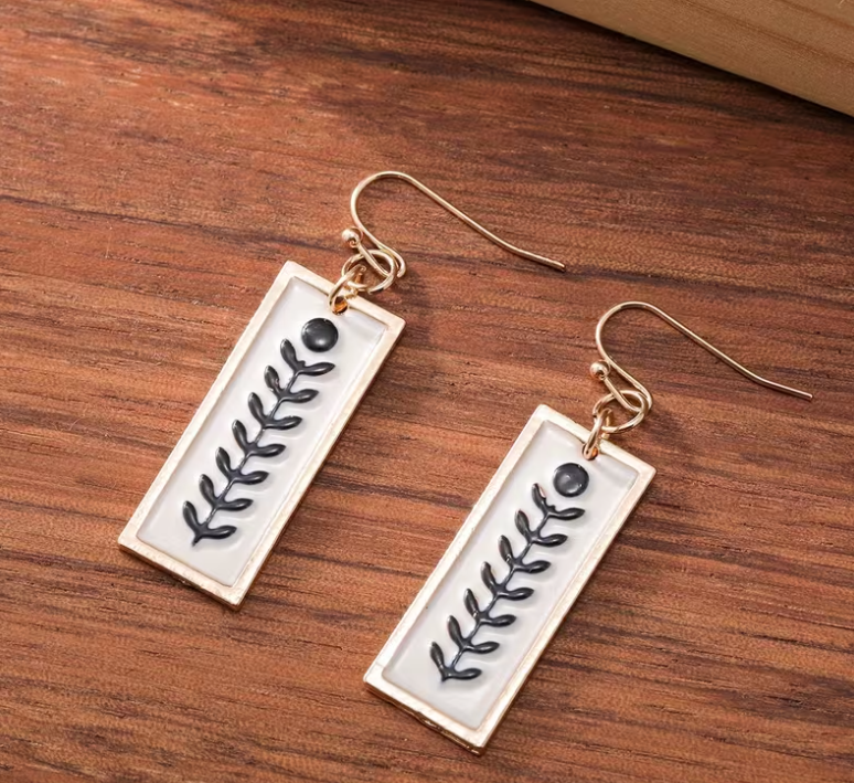 Women's White with Gold Border Rectangle Hanging Earrings w/ Leaf Herb Garden Design