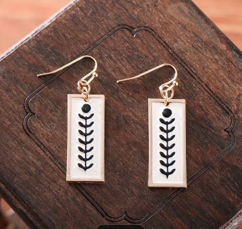 Women's White with Gold Border Rectangle Hanging Earrings w/ Leaf Herb Garden Design