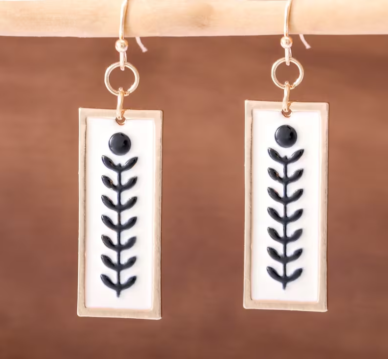 Women's White with Gold Border Rectangle Hanging Earrings w/ Leaf Herb Garden Design