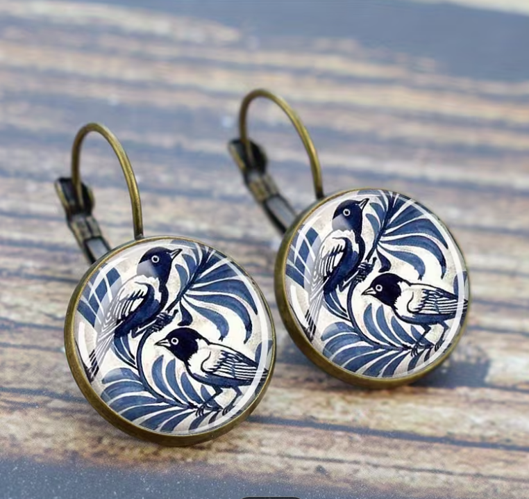 Women's Blue & White Birds Classic French Vintage Hanging Earrings