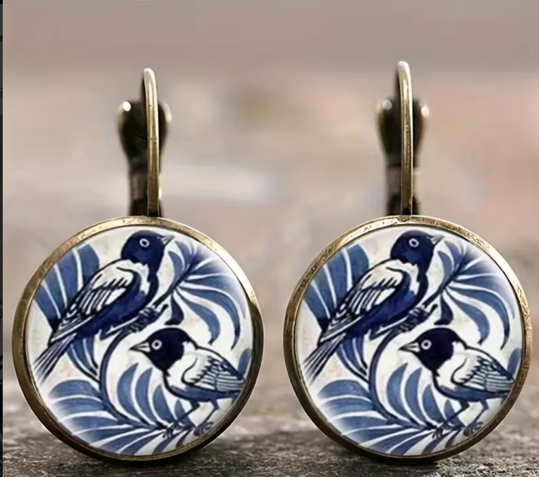 Women's Blue & White Birds Classic French Vintage Hanging Earrings