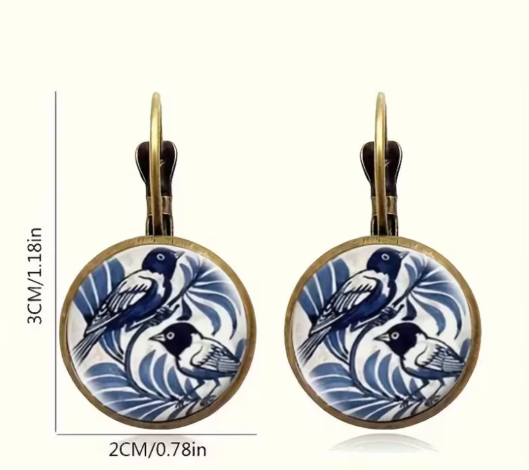 Women's Blue & White Birds Classic French Vintage Hanging Earrings