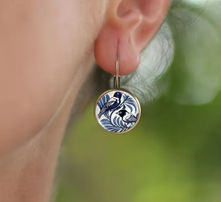 Women's Blue & White Birds Classic French Vintage Hanging Earrings