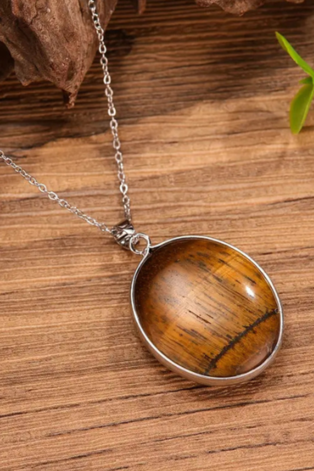 Women's Necklace - Natural Tiger Eye Stone Pendant with Deep Brown & Amber-Tones