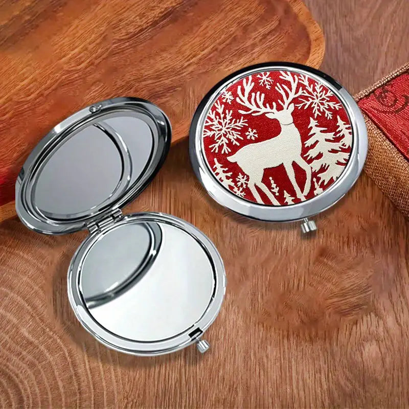 Scandinavian Christmas / Holiday Reindeer & Snowflake Design Handheld Folding Mirror