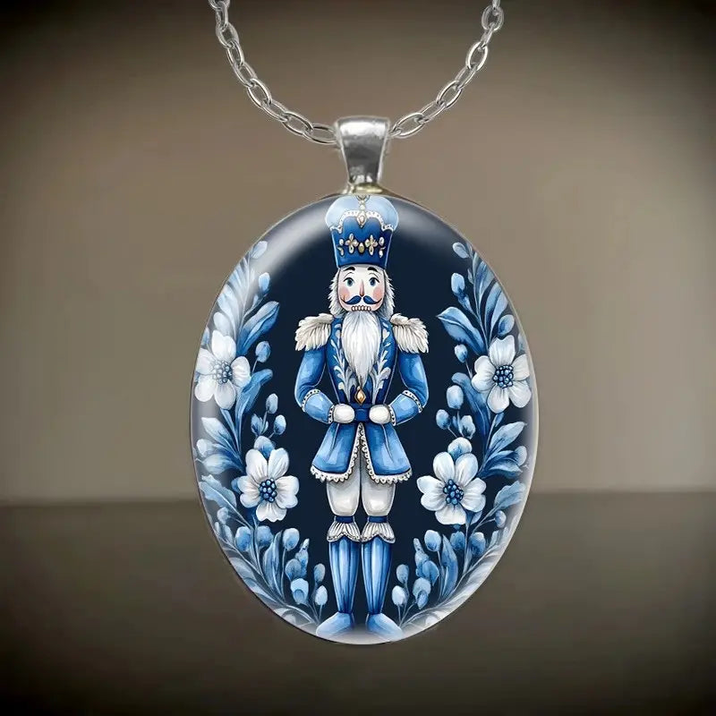Nutcracker Pendant Necklace - Elegant Oval Zinc Alloy Jewelry with Intricate Floral Design