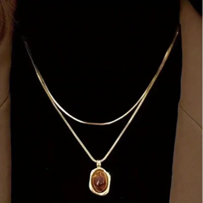Double-Layer Stacked Milard Amber Tiger Eye Stone Necklace
