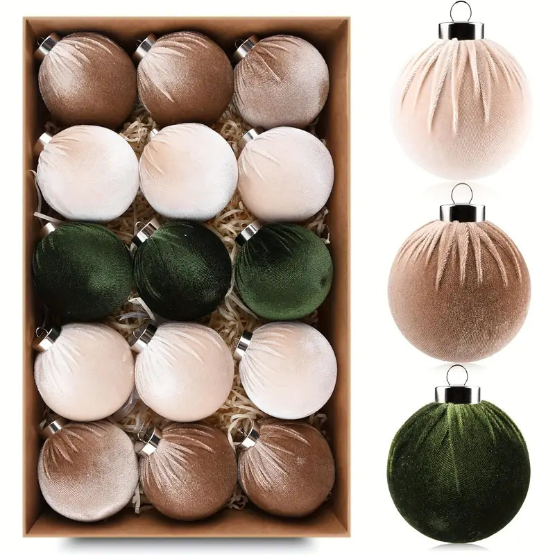 Christmas Tree Ornaments Velvet Balls - Pack of 15pcs Shatterproof Neutral Colors Set