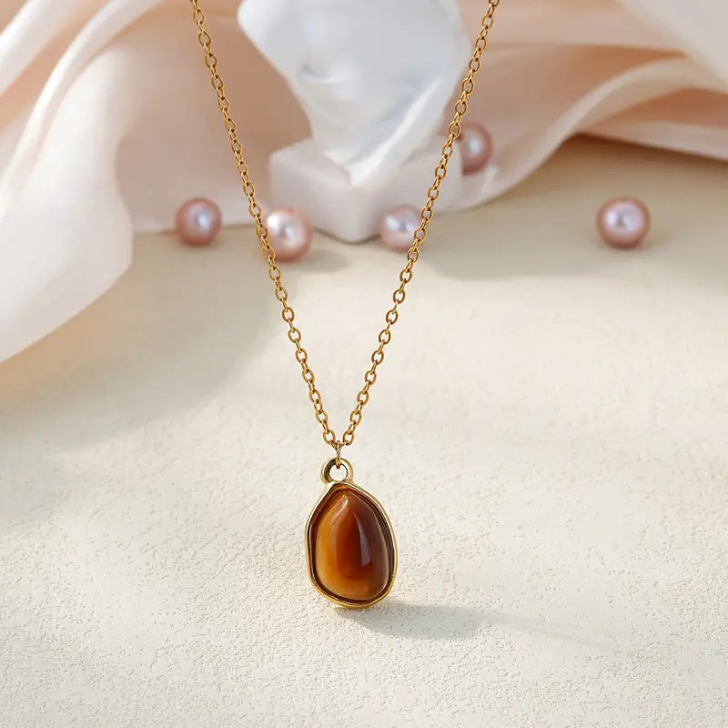 Natural Amber Stone Necklace - Genuine Amber Pendant with Brown/Orange-brown/Deep brown shades