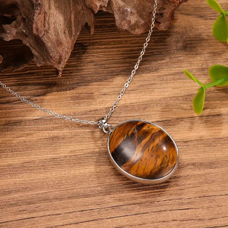 Women's Necklace - Natural Tiger Eye Stone Pendant with Deep Brown & Amber-Tones
