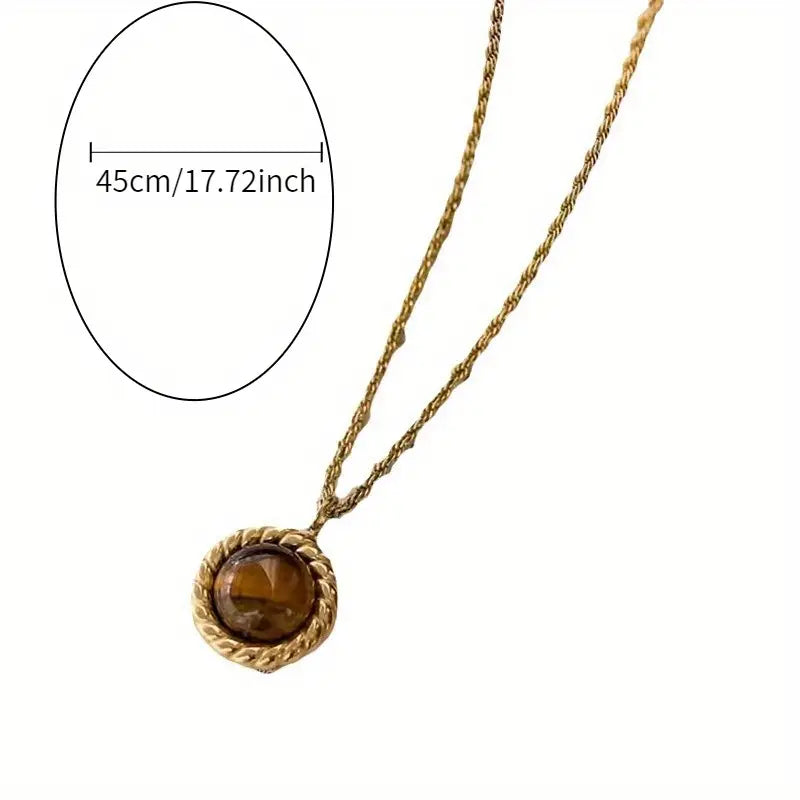 Vintage Amber Pendant Necklace - Golden-Tone Braided Chain with Black & Brown Beads