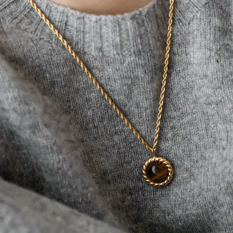 Vintage Amber Pendant Necklace - Golden-Tone Braided Chain with Black & Brown Beads