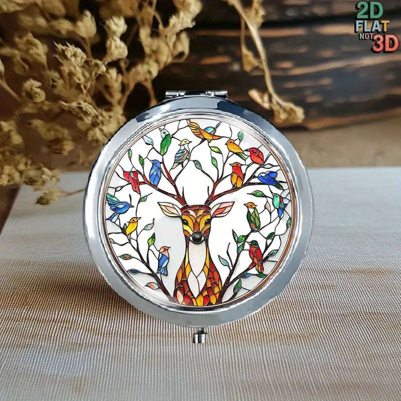 Mini Folding Mirror Featuring Deer & Birds Design