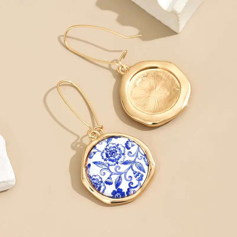 Women's Blue & White Flower Classic French Vintage Hanging Earrings