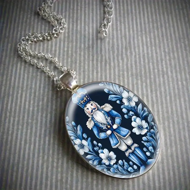 Nutcracker Pendant Necklace - Elegant Oval Zinc Alloy Jewelry with Intricate Floral Design