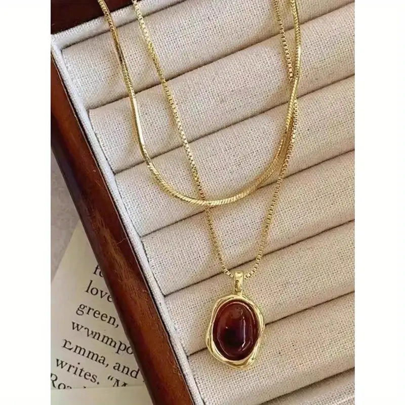 Double-Layer Stacked Milard Amber Tiger Eye Stone Necklace