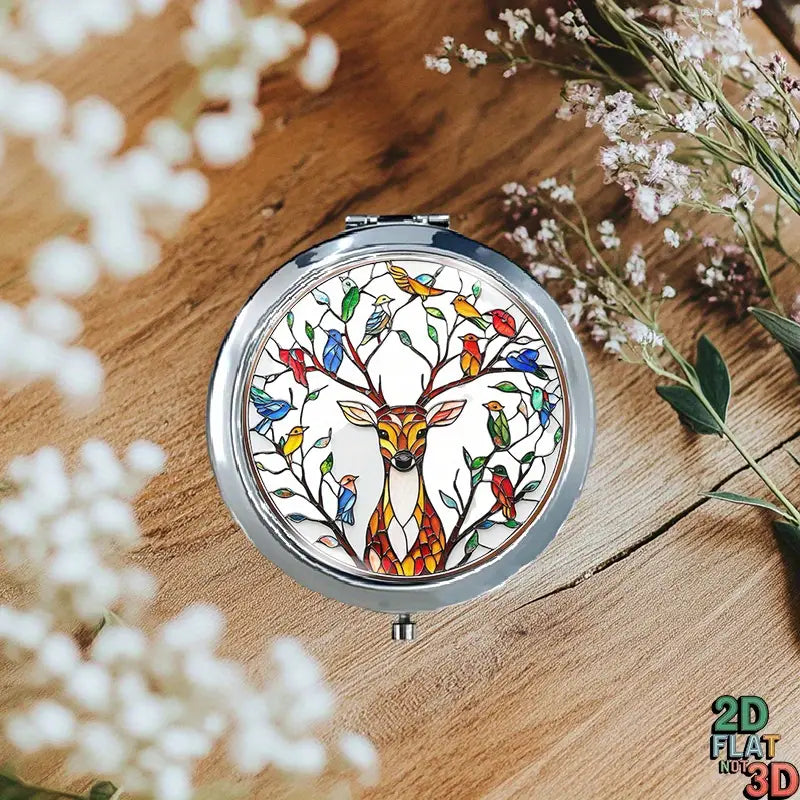 Mini Folding Mirror Featuring Deer & Birds Design